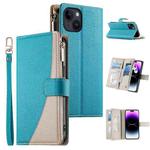 For iPhone 14 / 13 Stitching Multi-card Zipper Wallet Leather Phone Case with Short Strap(Blue)