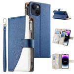 For iPhone 14 / 13 Stitching Multi-card Zipper Wallet Leather Phone Case with Short Strap(Dark Blue)