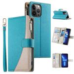 For iPhone 13 Pro Max Stitching Multi-card Zipper Wallet Leather Phone Case with Short Strap(Blue)