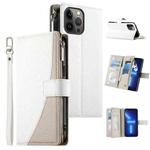 For iPhone 13 Pro Max Stitching Multi-card Zipper Wallet Leather Phone Case with Short Strap(White)