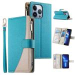 For iPhone 13 Pro Stitching Multi-card Zipper Wallet Leather Phone Case with Short Strap(Blue)