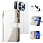 For iPhone 13 Pro Stitching Multi-card Zipper Wallet Leather Phone Case with Short Strap(White)