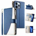 For iPhone 13 Pro Stitching Multi-card Zipper Wallet Leather Phone Case with Short Strap(Dark Blue)