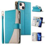 For iPhone 13 mini Stitching Multi-card Zipper Wallet Leather Phone Case with Short Strap(Blue)
