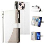For iPhone 13 mini Stitching Multi-card Zipper Wallet Leather Phone Case with Short Strap(White)