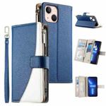 For iPhone 13 mini Stitching Multi-card Zipper Wallet Leather Phone Case with Short Strap(Dark Blue)