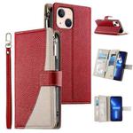 For iPhone 13 mini Stitching Multi-card Zipper Wallet Leather Phone Case with Short Strap(Red)
