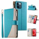 For iPhone 12 Pro Max Stitching Multi-card Zipper Wallet Leather Phone Case with Short Strap(Blue)