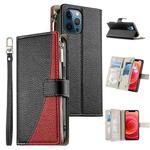 For iPhone 12 Pro Max Stitching Multi-card Zipper Wallet Leather Phone Case with Short Strap(Black)