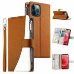 For iPhone 12 Pro Max Stitching Multi-card Zipper Wallet Leather Phone Case with Short Strap(Brown)