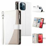 For iPhone 12 Pro Max Stitching Multi-card Zipper Wallet Leather Phone Case with Short Strap(White)