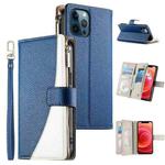 For iPhone 12 Pro Max Stitching Multi-card Zipper Wallet Leather Phone Case with Short Strap(Dark Blue)