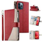 For iPhone 12 Pro Max Stitching Multi-card Zipper Wallet Leather Phone Case with Short Strap(Red)