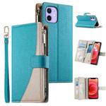 For iPhone 12 / 12 Pro Stitching Multi-card Zipper Wallet Leather Phone Case with Short Strap(Blue)