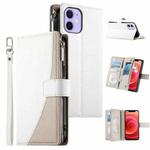 For iPhone 12 mini Stitching Multi-card Zipper Wallet Leather Phone Case with Short Strap(White)