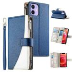For iPhone 12 mini Stitching Multi-card Zipper Wallet Leather Phone Case with Short Strap(Dark Blue)