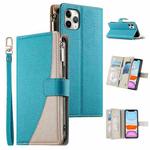 For iPhone 11 Pro Max Stitching Multi-card Zipper Wallet Leather Phone Case with Short Strap(Blue)