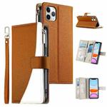 For iPhone 11 Pro Max Stitching Multi-card Zipper Wallet Leather Phone Case with Short Strap(Brown)