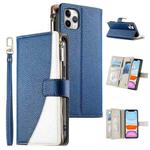 For iPhone 11 Pro Max Stitching Multi-card Zipper Wallet Leather Phone Case with Short Strap(Dark Blue)