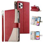For iPhone 11 Pro Max Stitching Multi-card Zipper Wallet Leather Phone Case with Short Strap(Red)