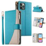 For iPhone 11 Pro Stitching Multi-card Zipper Wallet Leather Phone Case with Short Strap(Blue)