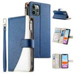 For iPhone 11 Pro Stitching Multi-card Zipper Wallet Leather Phone Case with Short Strap(Dark Blue)