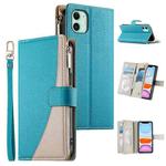 For iPhone 11 Stitching Multi-card Zipper Wallet Leather Phone Case with Short Strap(Blue)