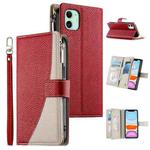 For iPhone 11 Stitching Multi-card Zipper Wallet Leather Phone Case with Short Strap(Red)