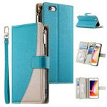 For iPhone SE 2022 / SE 2020 / 8 / 7 Stitching Multi-card Zipper Wallet Leather Phone Case with Short Strap(Blue)