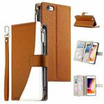 For iPhone SE 2022 / SE 2020 / 8 / 7 Stitching Multi-card Zipper Wallet Leather Phone Case with Short Strap(Brown)