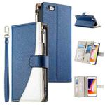 For iPhone SE 2022 / SE 2020 / 8 / 7 Stitching Multi-card Zipper Wallet Leather Phone Case with Short Strap(Dark Blue)