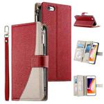 For iPhone SE 2022 / SE 2020 / 8 / 7 Stitching Multi-card Zipper Wallet Leather Phone Case with Short Strap(Red)