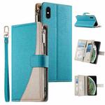 For iPhone XS Max Stitching Multi-card Zipper Wallet Leather Phone Case with Short Strap(Blue)