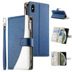 For iPhone XS Max Stitching Multi-card Zipper Wallet Leather Phone Case with Short Strap(Dark Blue)