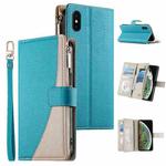 For iPhone X / XS Stitching Multi-card Zipper Wallet Leather Phone Case with Short Strap(Blue)