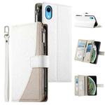 For iPhone XR Stitching Multi-card Zipper Wallet Leather Phone Case with Short Strap(White)