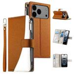 For iPhone 17 Pro Max Stitching Multi-card Zipper Wallet Leather Phone Case with Short Strap(Brown)