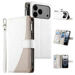 For iPhone 17 Pro Max Stitching Multi-card Zipper Wallet Leather Phone Case with Short Strap(White)