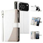 For iPhone 17 Pro Stitching Multi-card Zipper Wallet Leather Phone Case with Short Strap(White)