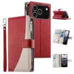 For iPhone 17 Pro Stitching Multi-card Zipper Wallet Leather Phone Case with Short Strap(Red)