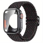 For Apple Watch Series 41mm Ladder Buckle Loop Nylon Watch Band with Change to Ultra 49mm Film PC Cover(Starlight Black)