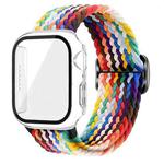 For Apple Watch Series 10 46mm Ladder Buckle Loop Nylon Watch Band with Film Frosted PC Case(Rainbow)
