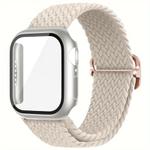 For Apple Watch Series 45mm Ladder Buckle Loop Nylon Watch Band with Film Frosted PC Cover(Starlight)