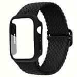 For Apple Watch Series 45mm Ladder Buckle Loop Nylon Watch Band with Film Frosted PC Cover(Black)