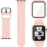For Apple Watch 44mm / 45mm Pin Buckle Silicone Watch Band with Film Integrated PC Case(Pink)