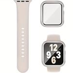 For Apple Watch Series 45mm Pin Buckle Silicone Watch Band with Film Integrated PC Case(Starlight)