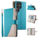 For Samsung Galaxy S25 Ultra 5G Stitching Multi-card Zipper Wallet Leather Phone Case with Short Strap(Blue)