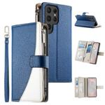 For Samsung Galaxy S25 Ultra 5G Stitching Multi-card Zipper Wallet Leather Phone Case with Short Strap(Dark Blue)