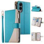 For Samsung Galaxy S25 Edge 5G Stitching Multi-card Zipper Wallet Leather Phone Case with Short Strap(Blue)