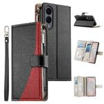 For Samsung Galaxy S25 Edge 5G Stitching Multi-card Zipper Wallet Leather Phone Case with Short Strap(Black)